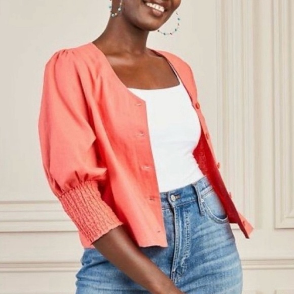 Stella & Dot Womens Double Take 2 Way Puff Sleeve XXL Coral Cardigan Linen Blend - Picture 11 of 11